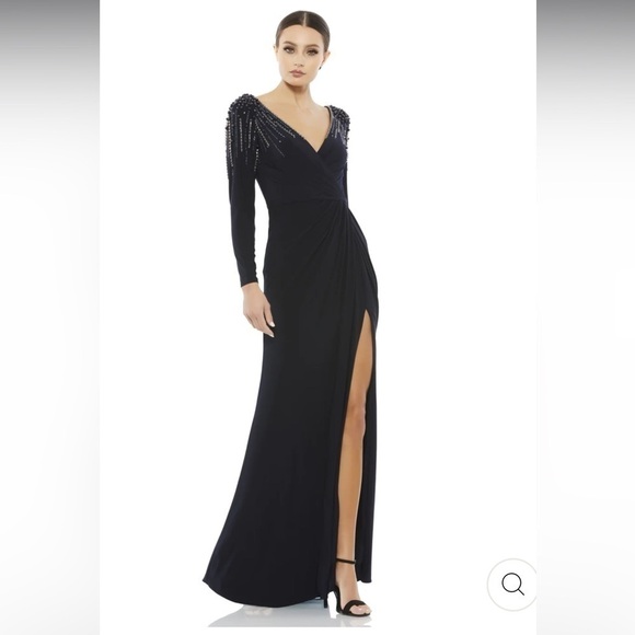 NWOT Mac Duggal Midnight Blue Long Sleeve Embellished Shoulder Dress 4 - Picture 1 of 6